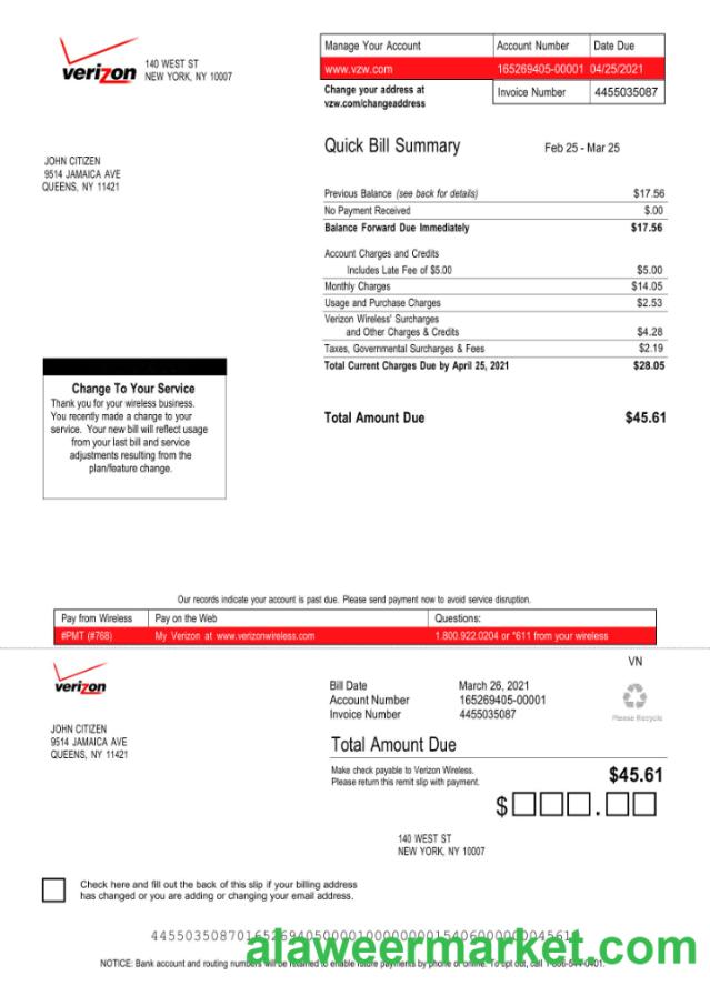 USA Verizon utility bill Word and PDF template, version 3